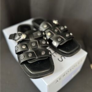 AEROSOLES Black Studded Leather Slide Sandals